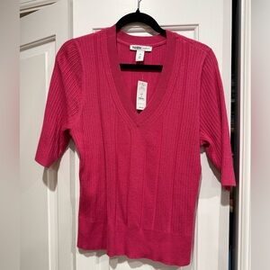 White House Black Market Hot Pink Ribbed V-Neck Short Sleeve Sweater